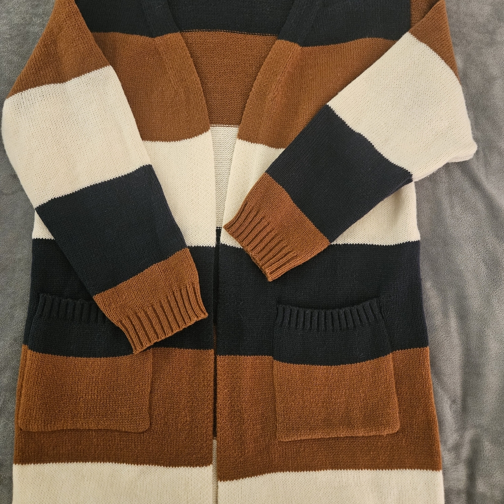 Calstyle Brown, Navy, and Cream Striped Cardigan